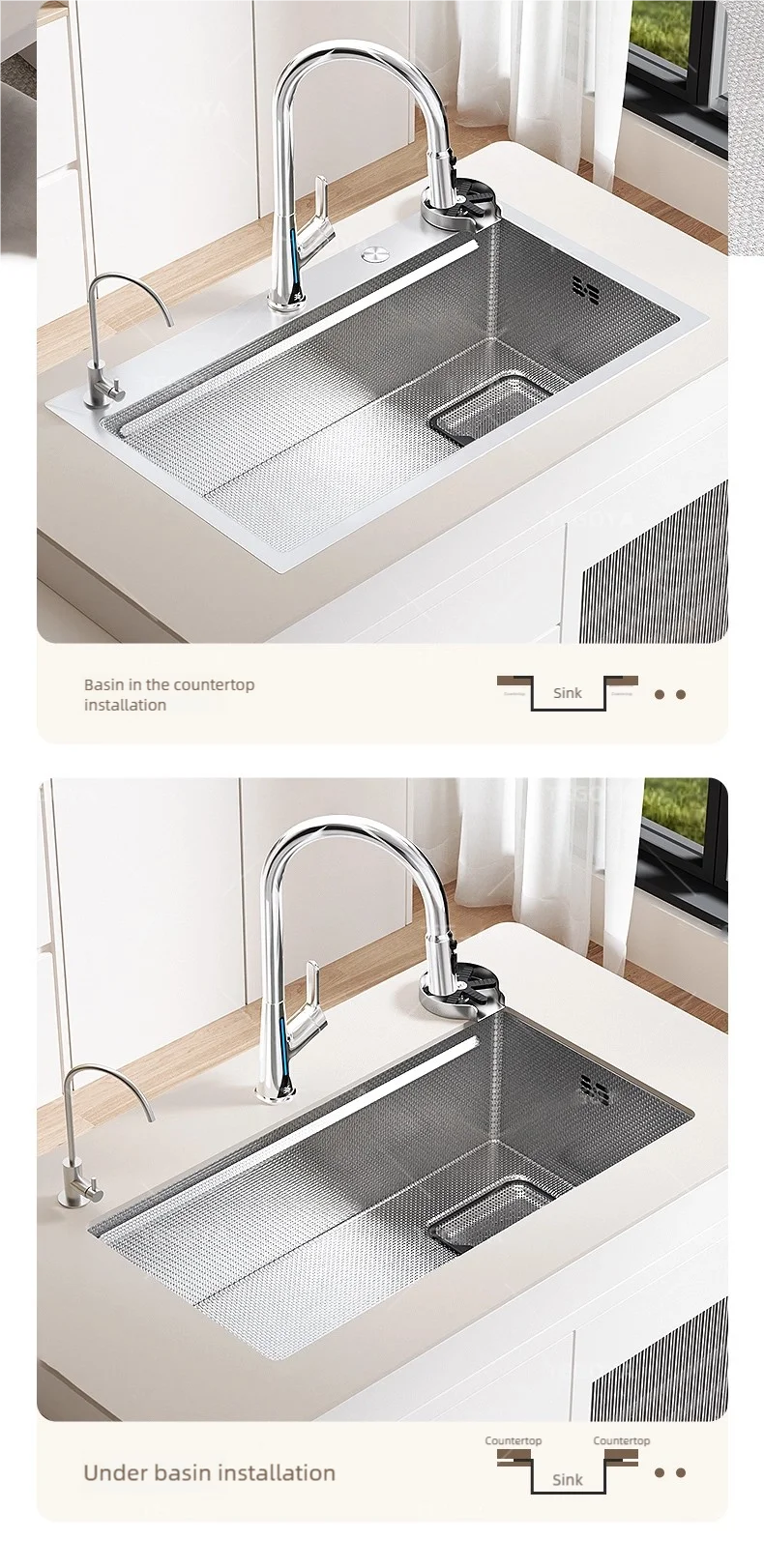 Kitchen 316L Stainless Steel Sink Food Grade Household Large Single Slot Rice Embossing Wash Dishes and Vegetables Basin