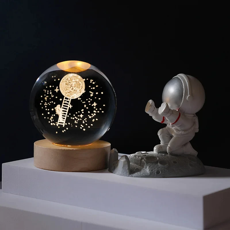 3D Moon Crystal Ball Astronomy Galaxy Solar System Saturn Luminous Balls Snow Glass Globe Night Light Home Desktop Decoration
