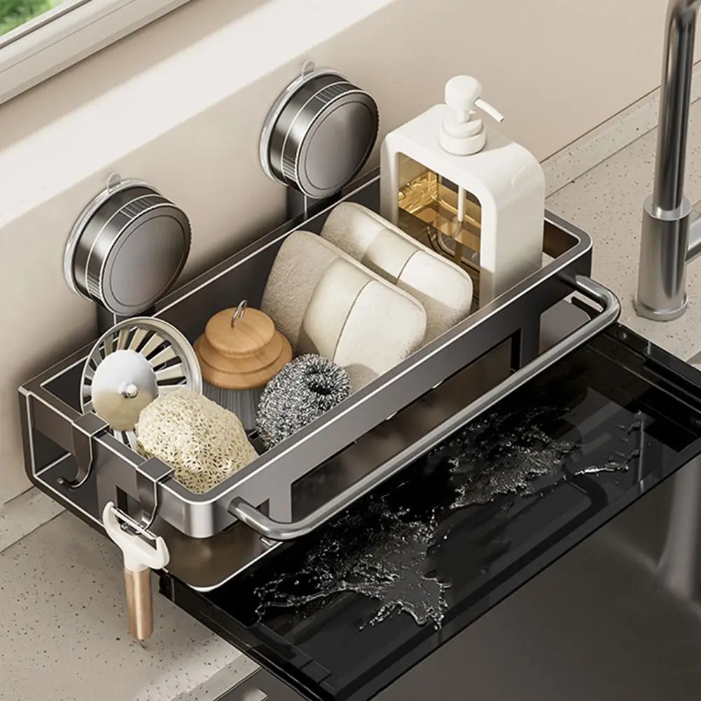 Suction Cup Kitchen Rack, No-Drilling Wall Mounted Organizer for Sponge Dish Soap, Over Sink Drainage Basket for Bathroom Too