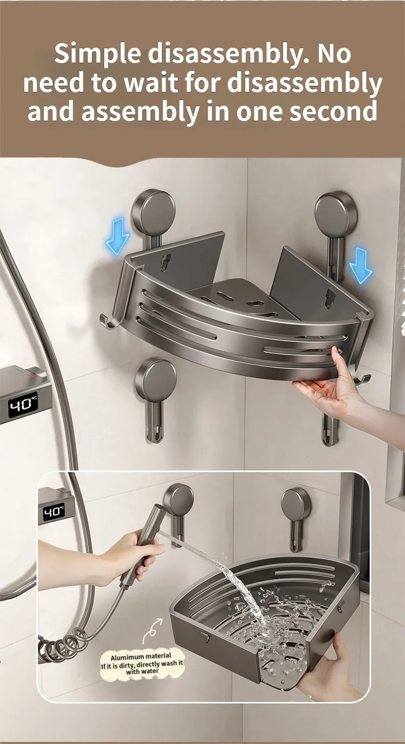 Bathroom Suction Tray Shelf Bathroom Perforation-free Toilet Wall Mounted Shower Gel Triangle Basket Shelf Kitchen Storage