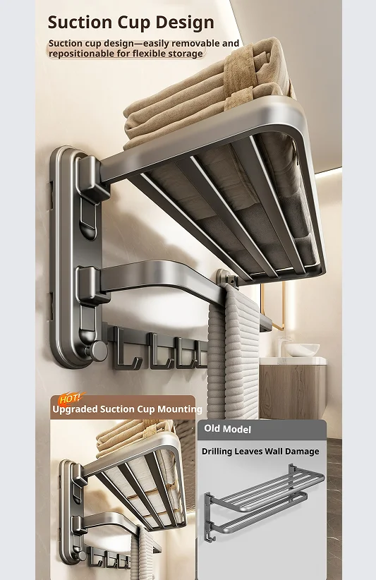 Suction Cup Foldable Bath Towel Rack, Bathroom Wall-Mounted Towel Rack, Punch-Free Storage Rack