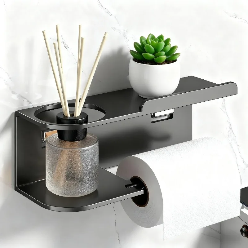 Wall-Mounted Bathroom Toilet Paper Holder with Roll Dispenser and Storage Shelf &ndash; Space-Saving Organizer for Home Restroom