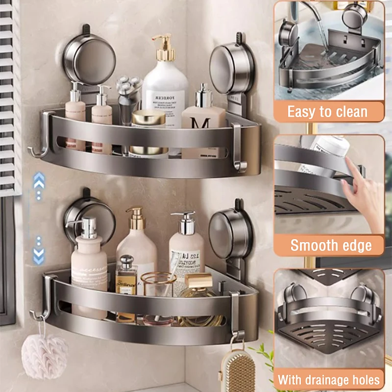 Bathroom Suction Cup Triangular Basket Storage Rack, Suction Cup Shower Caddy with Hook, No Drilling Aluminum Bathroom Organizer