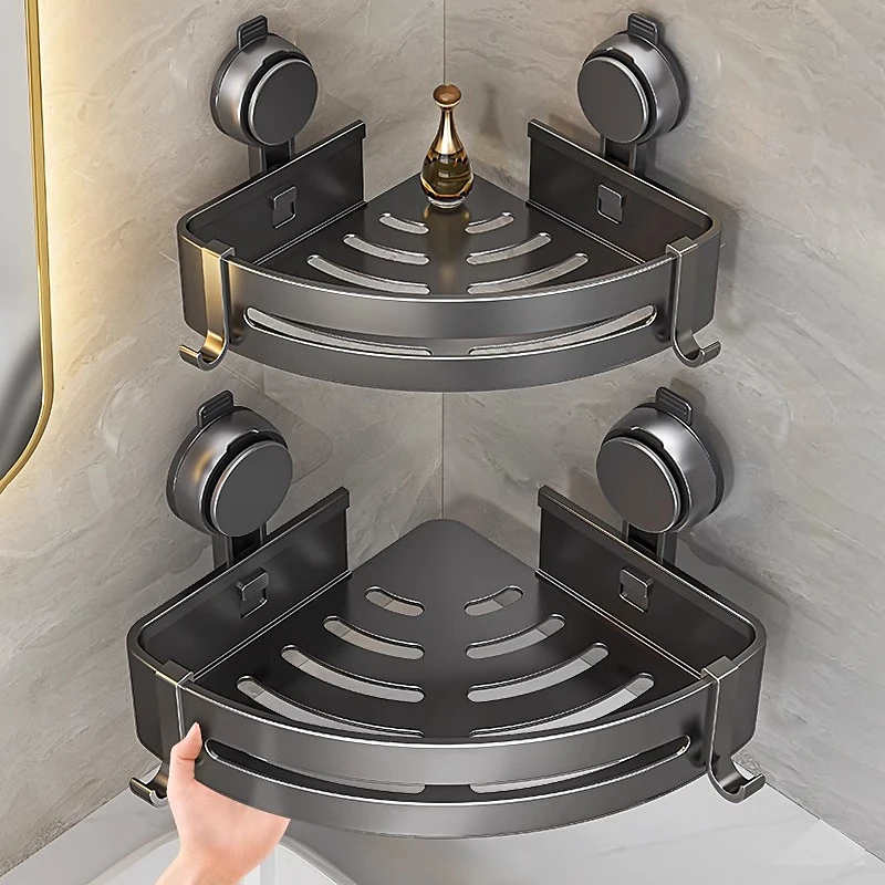 Bathroom Suction Cup Triangular Basket Storage Rack, Suction Cup Shower Caddy with Hook, No Drilling Aluminum Bathroom Organizer