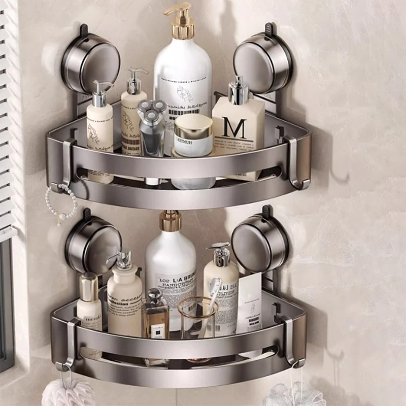 Bathroom Suction Cup Triangular Basket Storage Rack, Suction Cup Shower Caddy with Hook, No Drilling Aluminum Bathroom Organizer