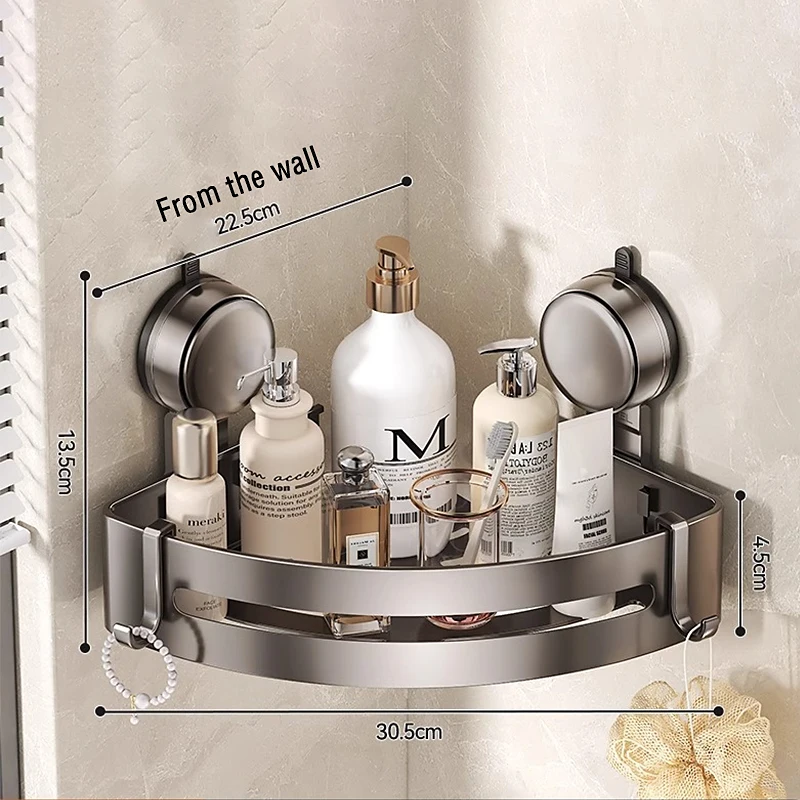 Bathroom Suction Cup Triangular Basket Storage Rack, Suction Cup Shower Caddy with Hook, No Drilling Aluminum Bathroom Organizer