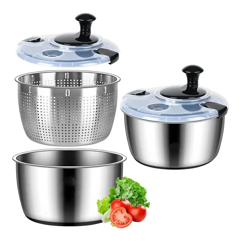 EYFL-Non-Slip Base Stainless Steel Salad Spinner, 5.3Qt Large Lettuce Dryer, Vegetable& Fruit Washer With Drain, Easy To Clean Color: Silver EYFL-Non-Slip Base Stainless Steel Salad Spinner, 5.3Qt Large Lettuce Dryer, Vegetable& Fruit Washer With Drain, Easy To Clean Color: Silver