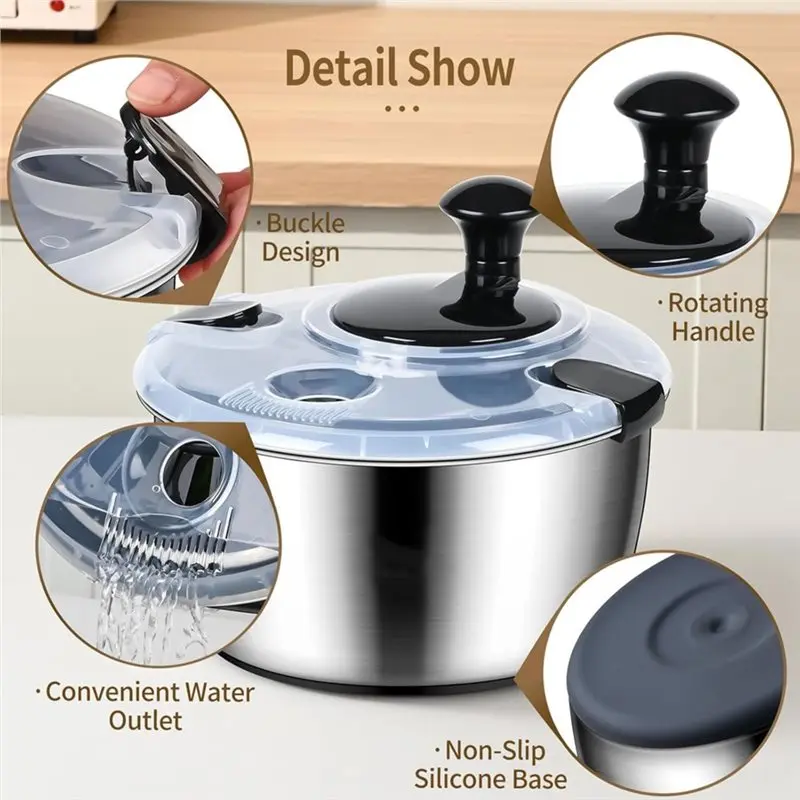 EYFL-Non-Slip Base Stainless Steel Salad Spinner, 5.3Qt Large Lettuce Dryer, Vegetable& Fruit Washer With Drain, Easy To Clean EYFL-Non-Slip Base Stainless Steel Salad Spinner, 5.3Qt Large Lettuce Dryer, Vegetable& Fruit Washer With Drain, Easy To Clean