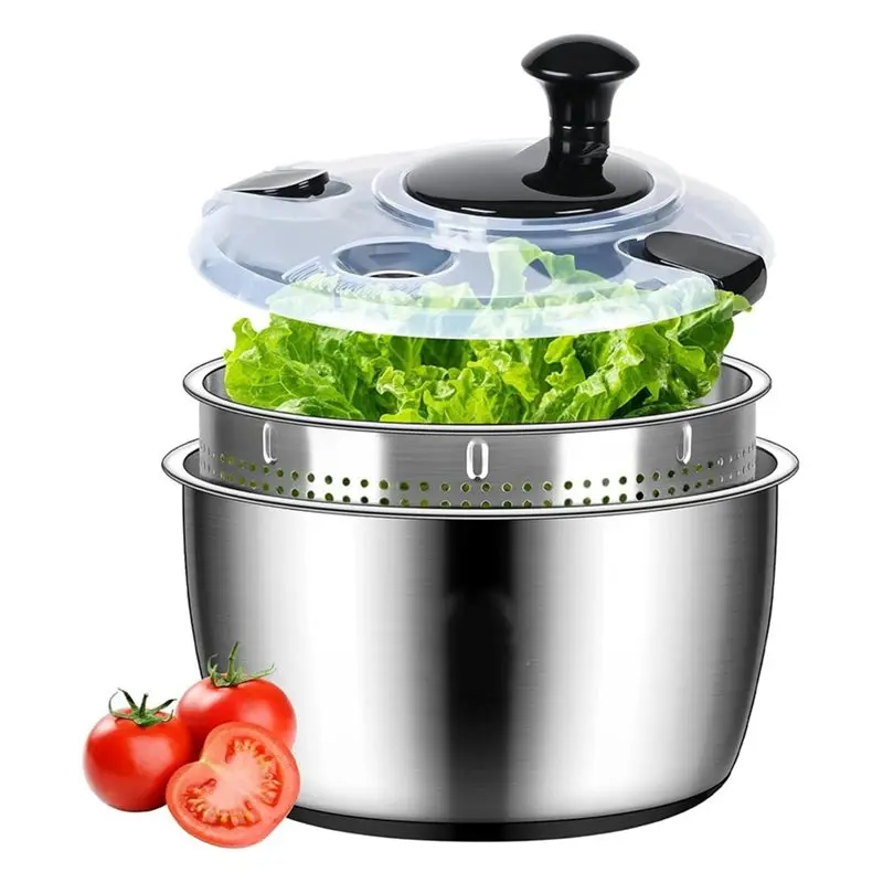 EYFL-Non-Slip Base Stainless Steel Salad Spinner, 5.3Qt Large Lettuce Dryer, Vegetable& Fruit Washer With Drain, Easy To Clean EYFL-Non-Slip Base Stainless Steel Salad Spinner, 5.3Qt Large Lettuce Dryer, Vegetable& Fruit Washer With Drain, Easy To Clean