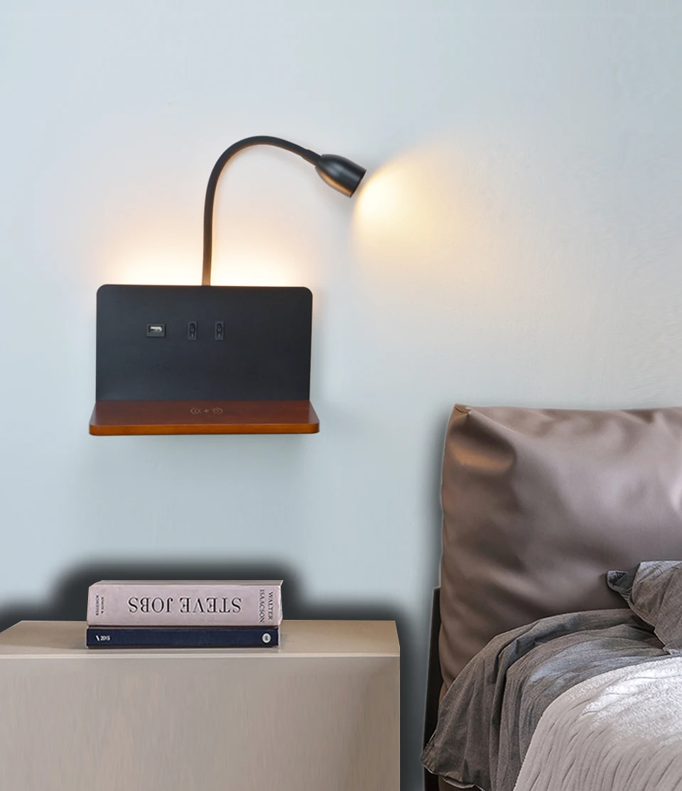 Indoor LED Wall Lamp With USB Interface And Wireless Charging Modern 360&deg; Rotatable Wall Light With Switch Bedside Night Lights