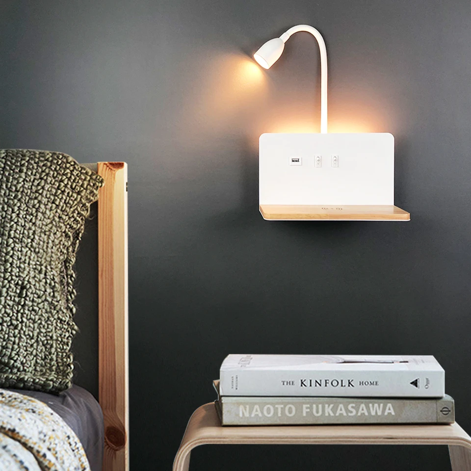 Indoor LED Wall Lamp With USB Interface And Wireless Charging Modern 360&deg; Rotatable Wall Light With Switch Bedside Night Lights