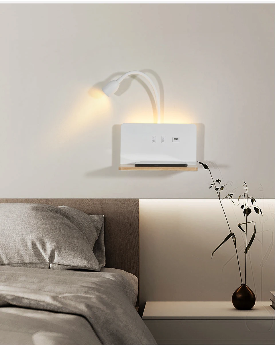 Indoor LED Wall Lamp With USB Interface And Wireless Charging Modern 360&deg; Rotatable Wall Light With Switch Bedside Night Lights