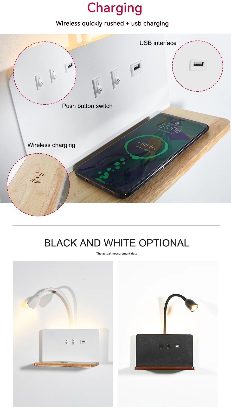 Indoor LED Wall Lamp With USB Interface And Wireless Charging Modern 360&deg; Rotatable Wall Light With Switch Bedside Night Lights
