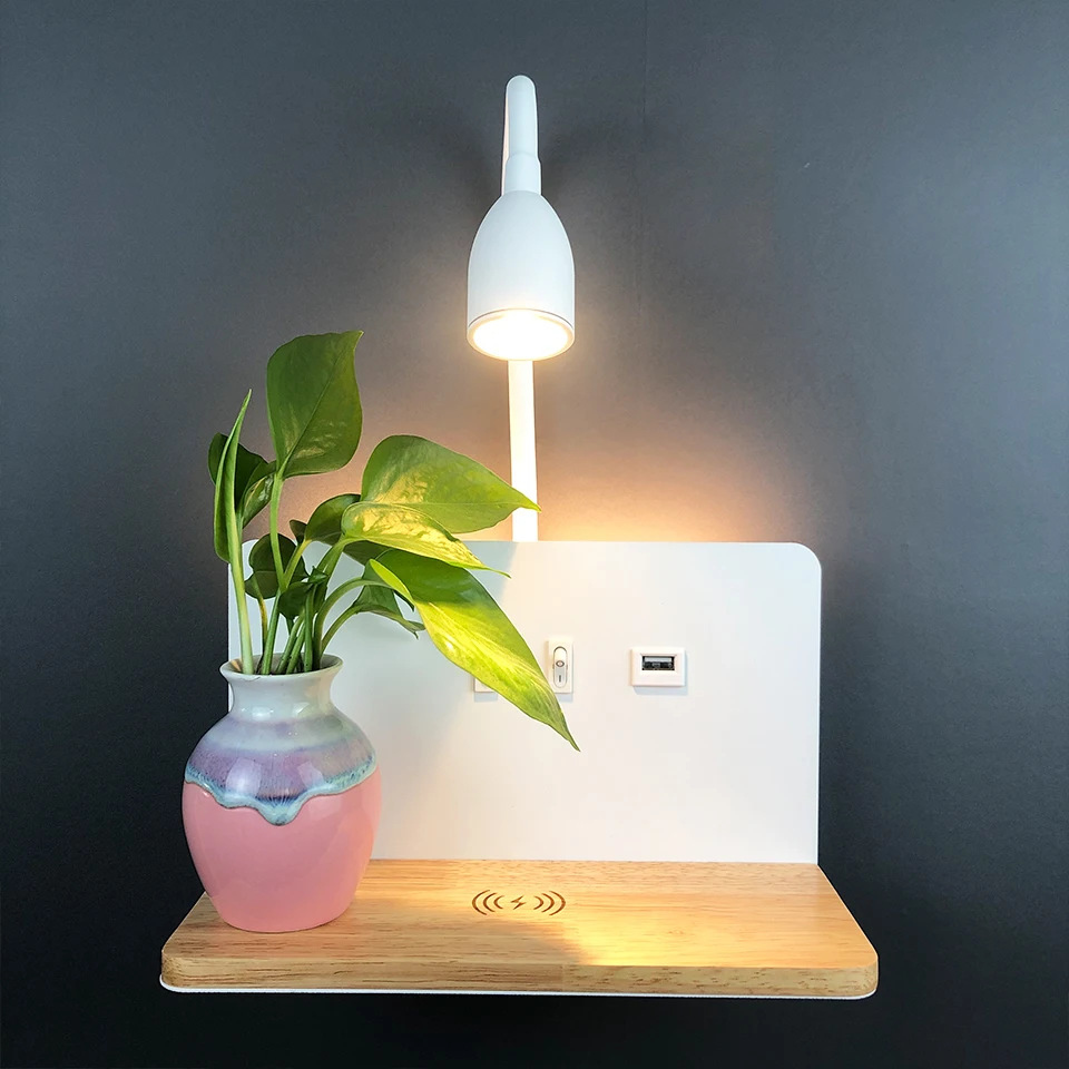 Indoor LED Wall Lamp With USB Interface And Wireless Charging Modern 360&deg; Rotatable Wall Light With Switch Bedside Night Lights