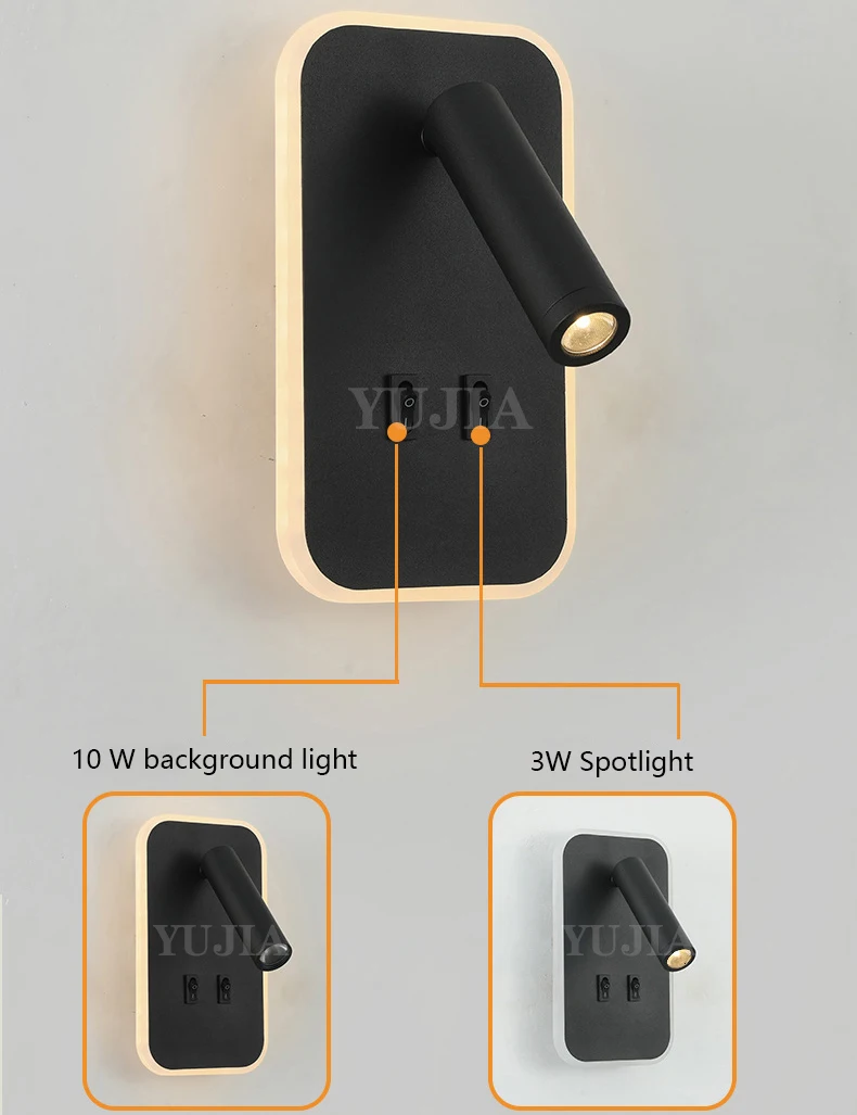 Modern Led Wall Sconce Reading Light 2 Switches Type-A & Type-C USB Ports 3W Adjustable Spotlight + 10W Backlight Bedside Lamp Modern Led Wall Sconce Reading Light 2 Switches Type-A & Type-C USB Ports 3W Adjustable Spotlight + 10W Backlight Bedside Lamp