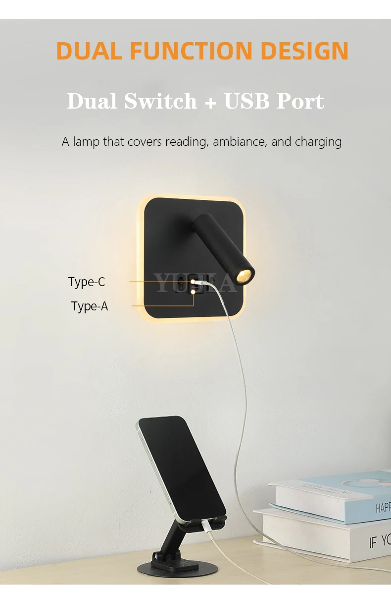 Modern Led Wall Sconce Reading Light 2 Switches Type-A & Type-C USB Ports 3W Adjustable Spotlight + 10W Backlight Bedside Lamp Modern Led Wall Sconce Reading Light 2 Switches Type-A & Type-C USB Ports 3W Adjustable Spotlight + 10W Backlight Bedside Lamp