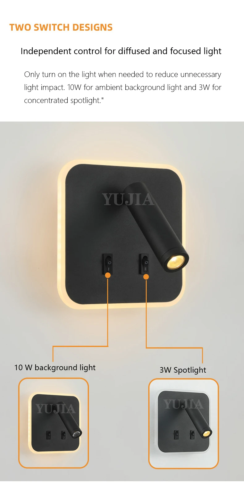 Modern Led Wall Sconce Reading Light 2 Switches Type-A & Type-C USB Ports 3W Adjustable Spotlight + 10W Backlight Bedside Lamp Modern Led Wall Sconce Reading Light 2 Switches Type-A & Type-C USB Ports 3W Adjustable Spotlight + 10W Backlight Bedside Lamp