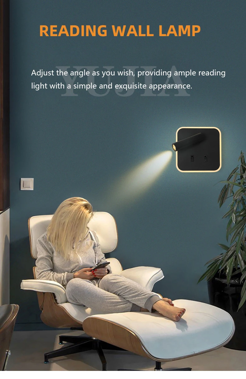 Modern Led Wall Sconce Reading Light 2 Switches Type-A & Type-C USB Ports 3W Adjustable Spotlight + 10W Backlight Bedside Lamp Modern Led Wall Sconce Reading Light 2 Switches Type-A & Type-C USB Ports 3W Adjustable Spotlight + 10W Backlight Bedside Lamp