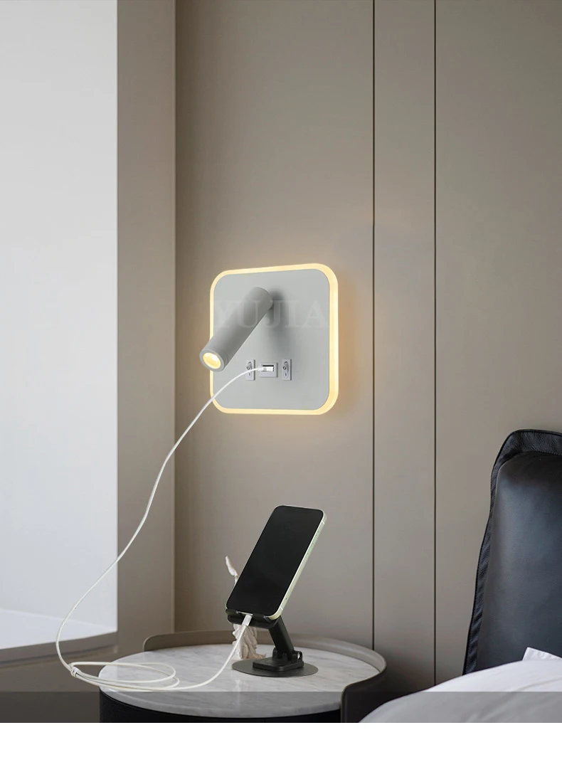 Modern Led Wall Sconce Reading Light 2 Switches Type-A & Type-C USB Ports 3W Adjustable Spotlight + 10W Backlight Bedside Lamp Modern Led Wall Sconce Reading Light 2 Switches Type-A & Type-C USB Ports 3W Adjustable Spotlight + 10W Backlight Bedside Lamp