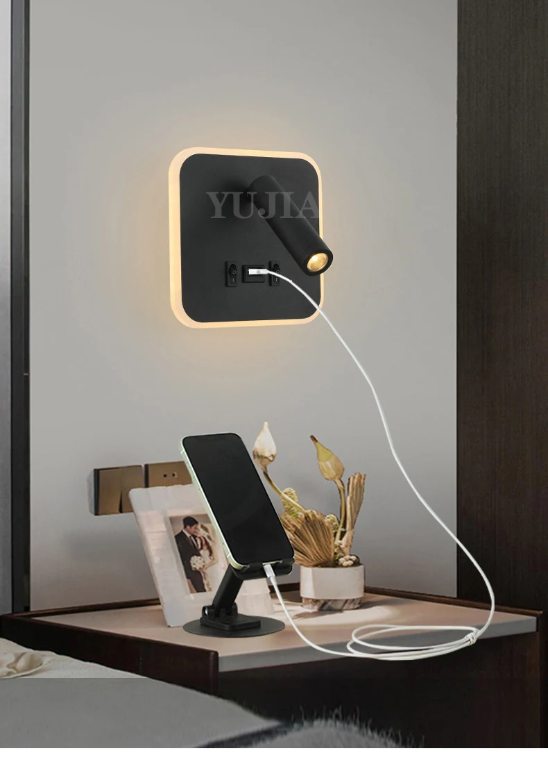 Modern Led Wall Sconce Reading Light 2 Switches Type-A & Type-C USB Ports 3W Adjustable Spotlight + 10W Backlight Bedside Lamp Modern Led Wall Sconce Reading Light 2 Switches Type-A & Type-C USB Ports 3W Adjustable Spotlight + 10W Backlight Bedside Lamp