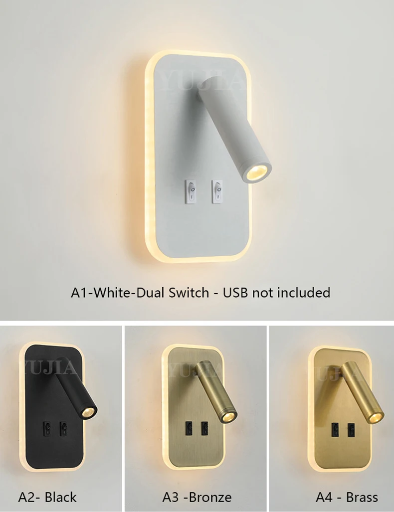 Modern Led Wall Sconce Reading Light 2 Switches Type-A & Type-C USB Ports 3W Adjustable Spotlight + 10W Backlight Bedside Lamp Modern Led Wall Sconce Reading Light 2 Switches Type-A & Type-C USB Ports 3W Adjustable Spotlight + 10W Backlight Bedside Lamp
