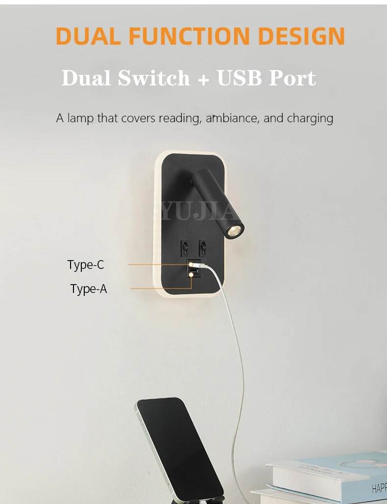 Modern Led Wall Sconce Reading Light 2 Switches Type-A & Type-C USB Ports 3W Adjustable Spotlight + 10W Backlight Bedside Lamp Modern Led Wall Sconce Reading Light 2 Switches Type-A & Type-C USB Ports 3W Adjustable Spotlight + 10W Backlight Bedside Lamp