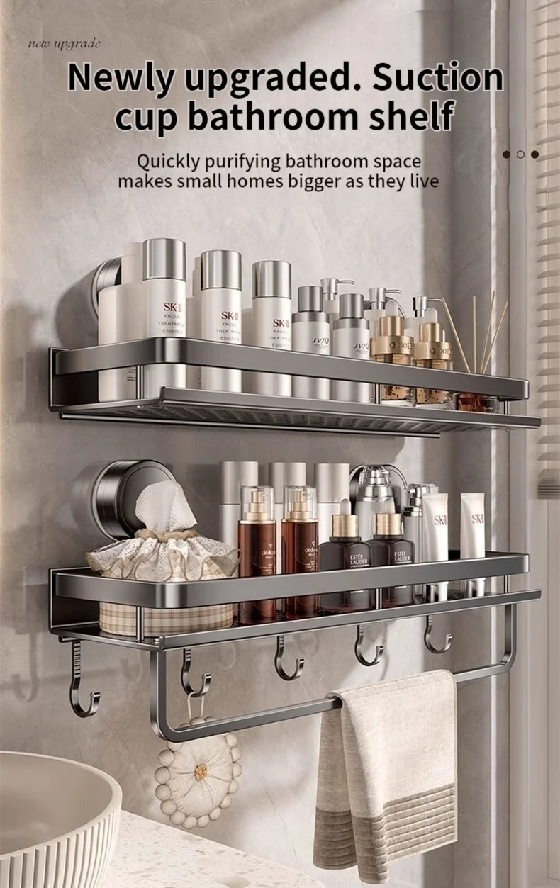 No Drill Suction Cup Adhesive Bathroom Rack Bathroom Shelf Toilet Aluminum Hanging Rack Bathroom Organizer Hang On The Wall