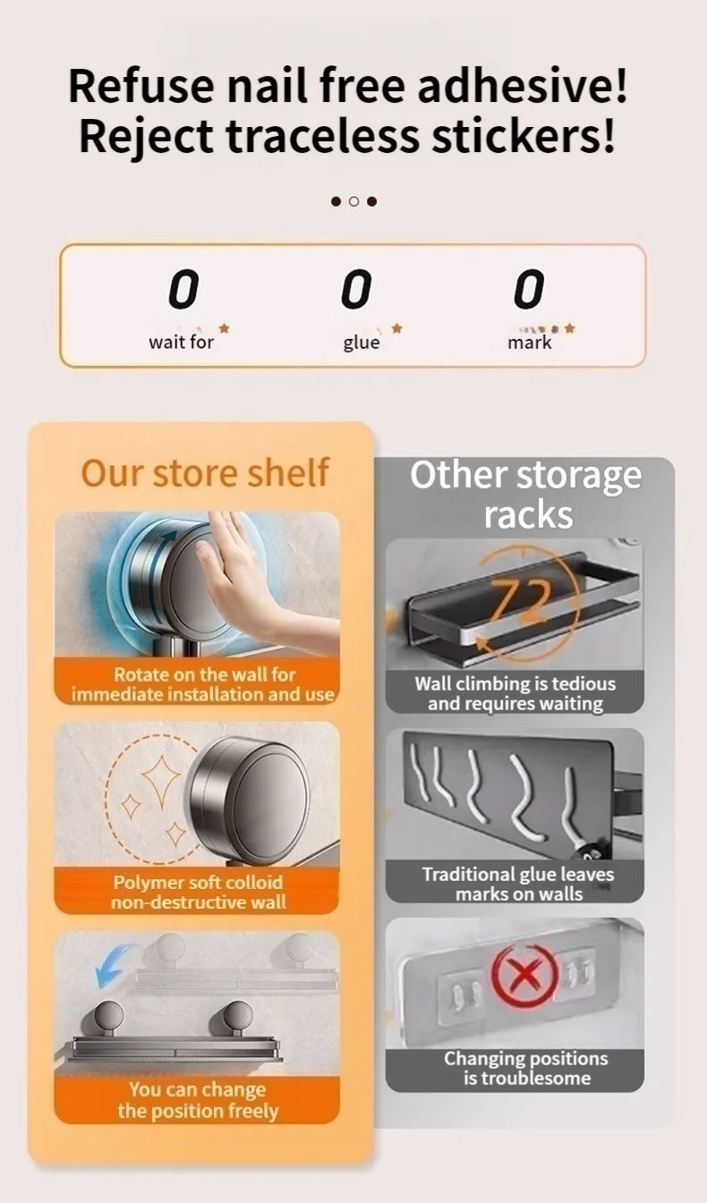 No Drill Suction Cup Adhesive Bathroom Rack Bathroom Shelf Toilet Aluminum Hanging Rack Bathroom Organizer Hang On The Wall