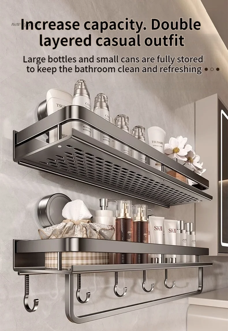 No Drill Suction Cup Adhesive Bathroom Rack Bathroom Shelf Toilet Aluminum Hanging Rack Bathroom Organizer Hang On The Wall