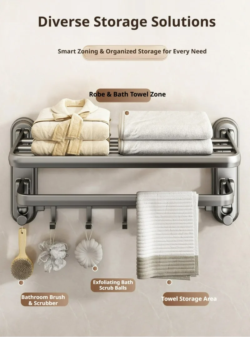 Suction Cup Foldable Bath Towel Rack, Bathroom Wall-Mounted Towel Rack, Punch-Free Storage Rack