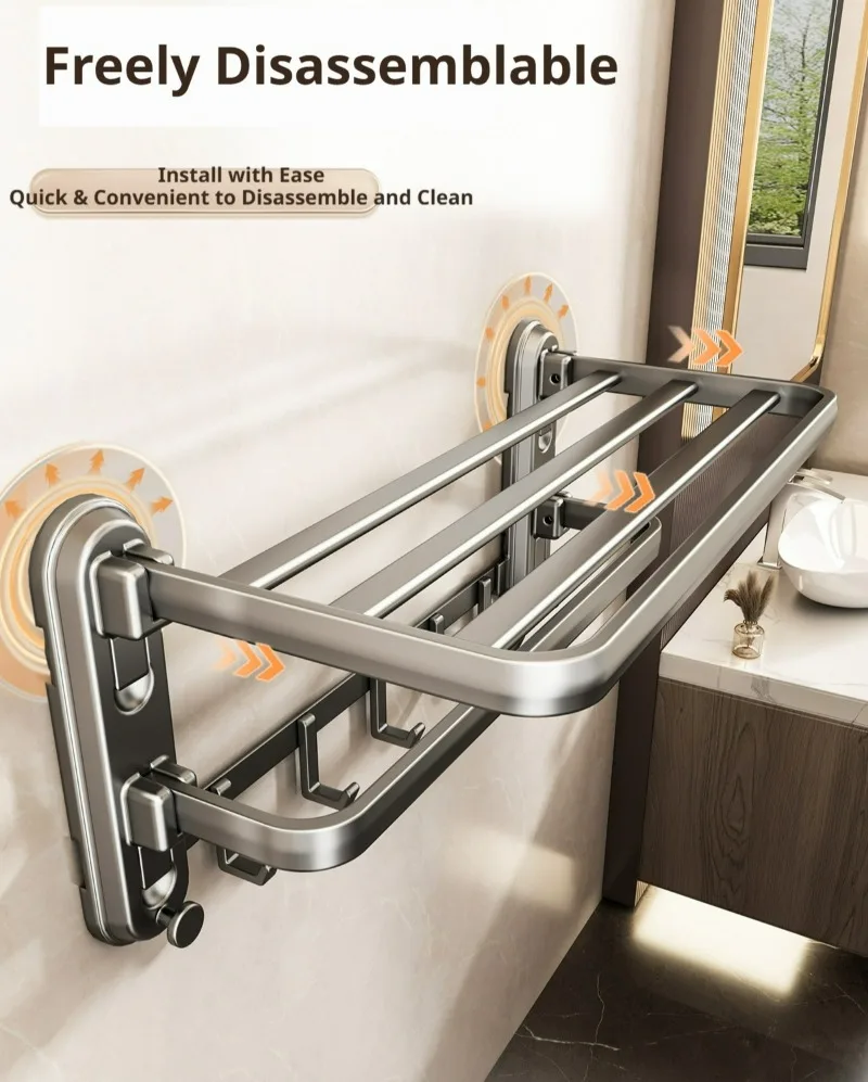 Suction Cup Foldable Bath Towel Rack, Bathroom Wall-Mounted Towel Rack, Punch-Free Storage Rack