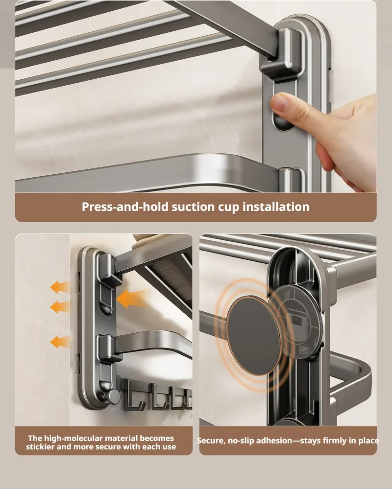 Suction Cup Foldable Bath Towel Rack, Bathroom Wall-Mounted Towel Rack, Punch-Free Storage Rack