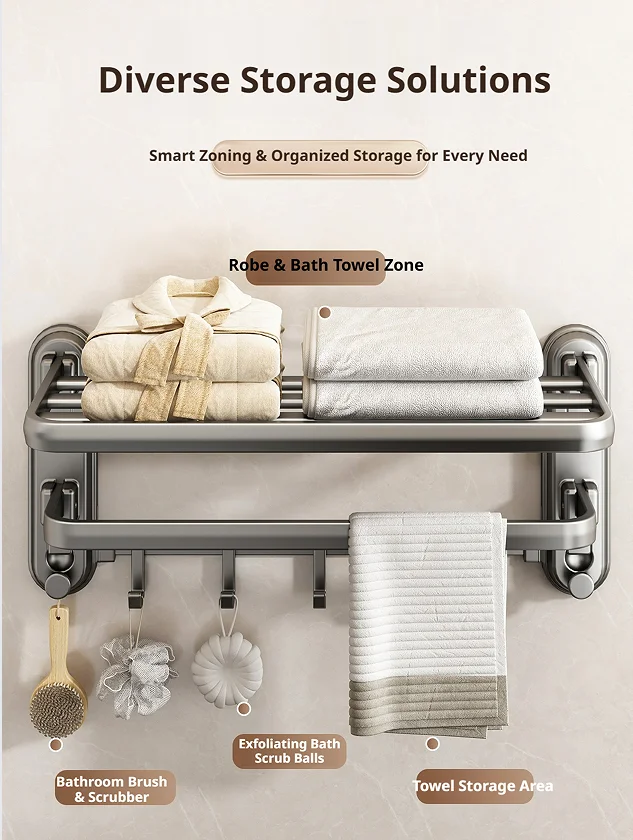 Suction Cup Foldable Bath Towel Rack, Bathroom Wall-Mounted Towel Rack, Punch-Free Storage Rack