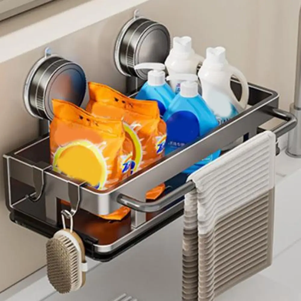 Suction Cup Kitchen Rack, No-Drilling Wall Mounted Organizer for Sponge Dish Soap, Over Sink Drainage Basket for Bathroom Too