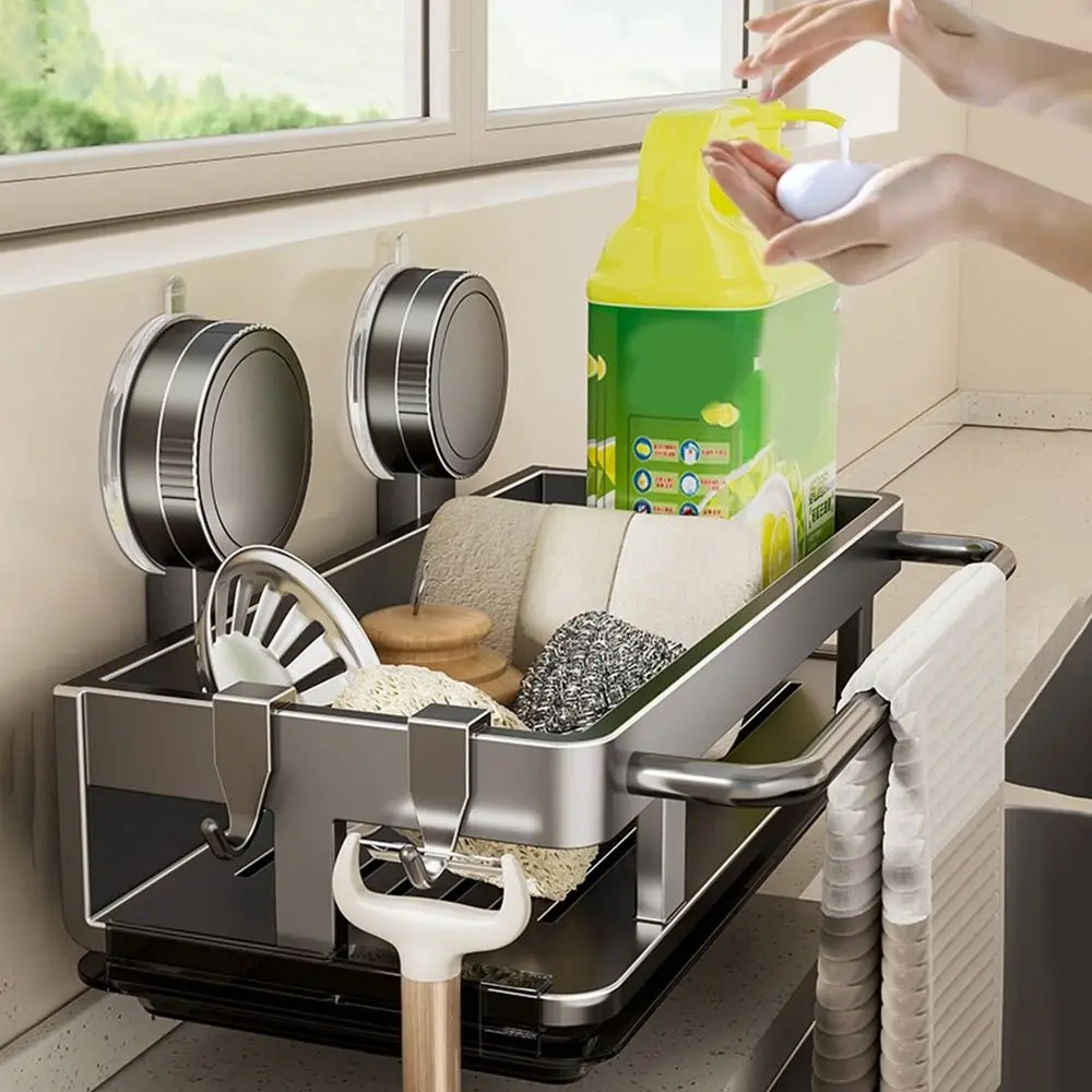 Suction Cup Kitchen Rack, No-Drilling Wall Mounted Organizer for Sponge Dish Soap, Over Sink Drainage Basket for Bathroom Too