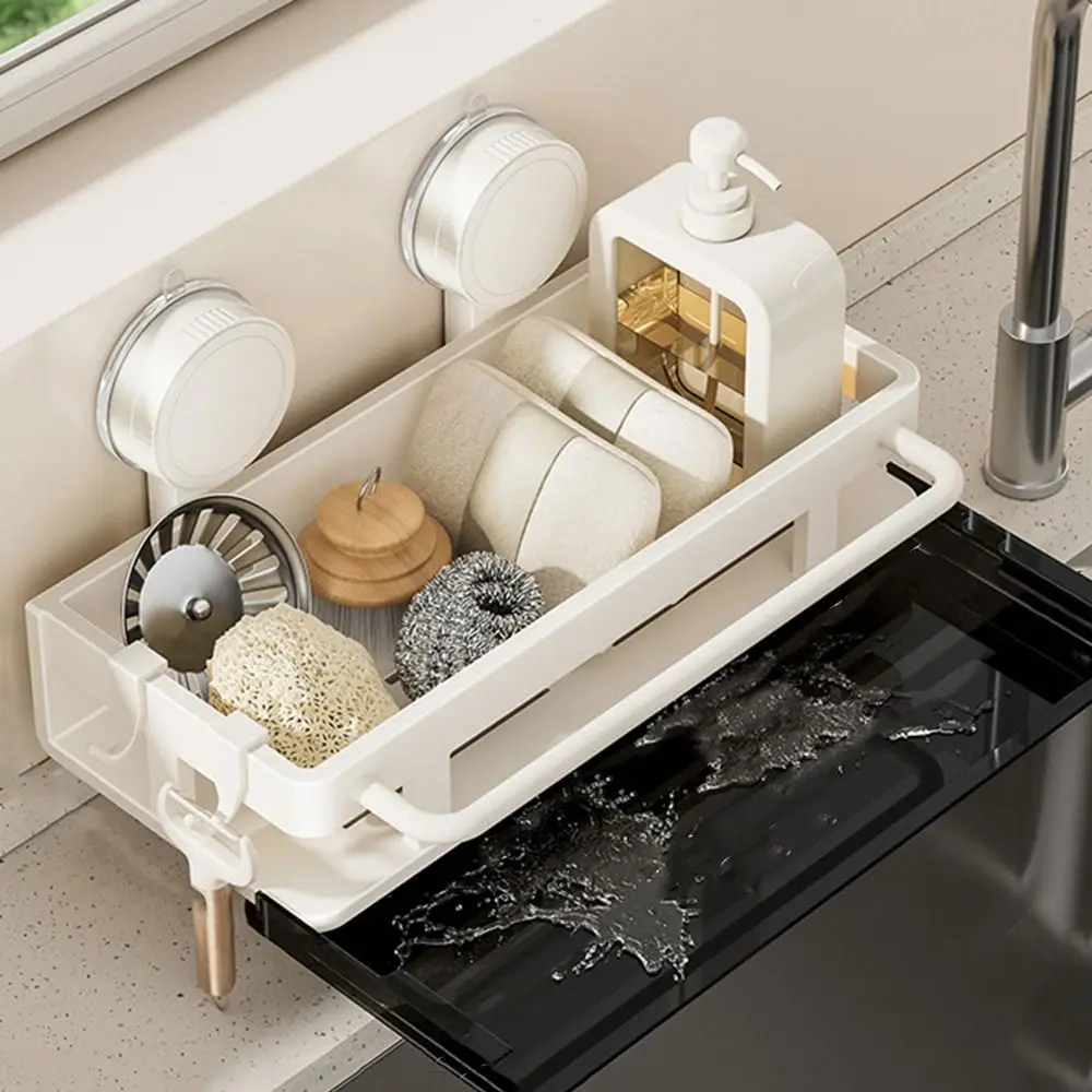 Suction Cup Kitchen Rack, No-Drilling Wall Mounted Organizer for Sponge Dish Soap, Over Sink Drainage Basket for Bathroom Too