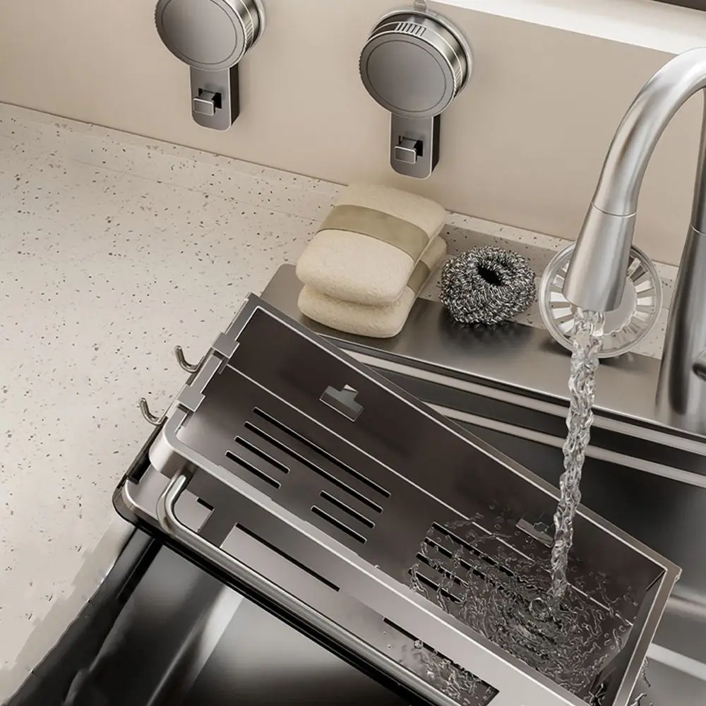 Suction Cup Kitchen Rack, No-Drilling Wall Mounted Organizer for Sponge Dish Soap, Over Sink Drainage Basket for Bathroom Too