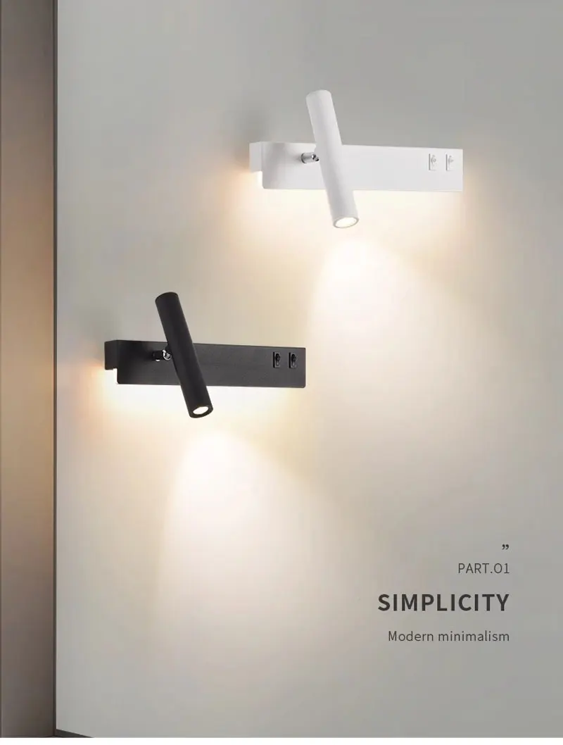 Nordic bedroom bedside reading wall light modern minimalist LED living room background wall light creative rotatable spotlight