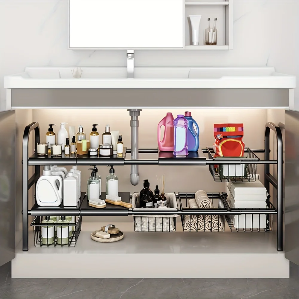1 Set Multi-Use Kitchen Under Bathroom Sink Organizers - Expandable Cabinet Shelf Organizer Storage Rack 1 Set Multi-Use Kitchen Under Bathroom Sink Organizers - Expandable Cabinet Shelf Organizer Storage Rack
