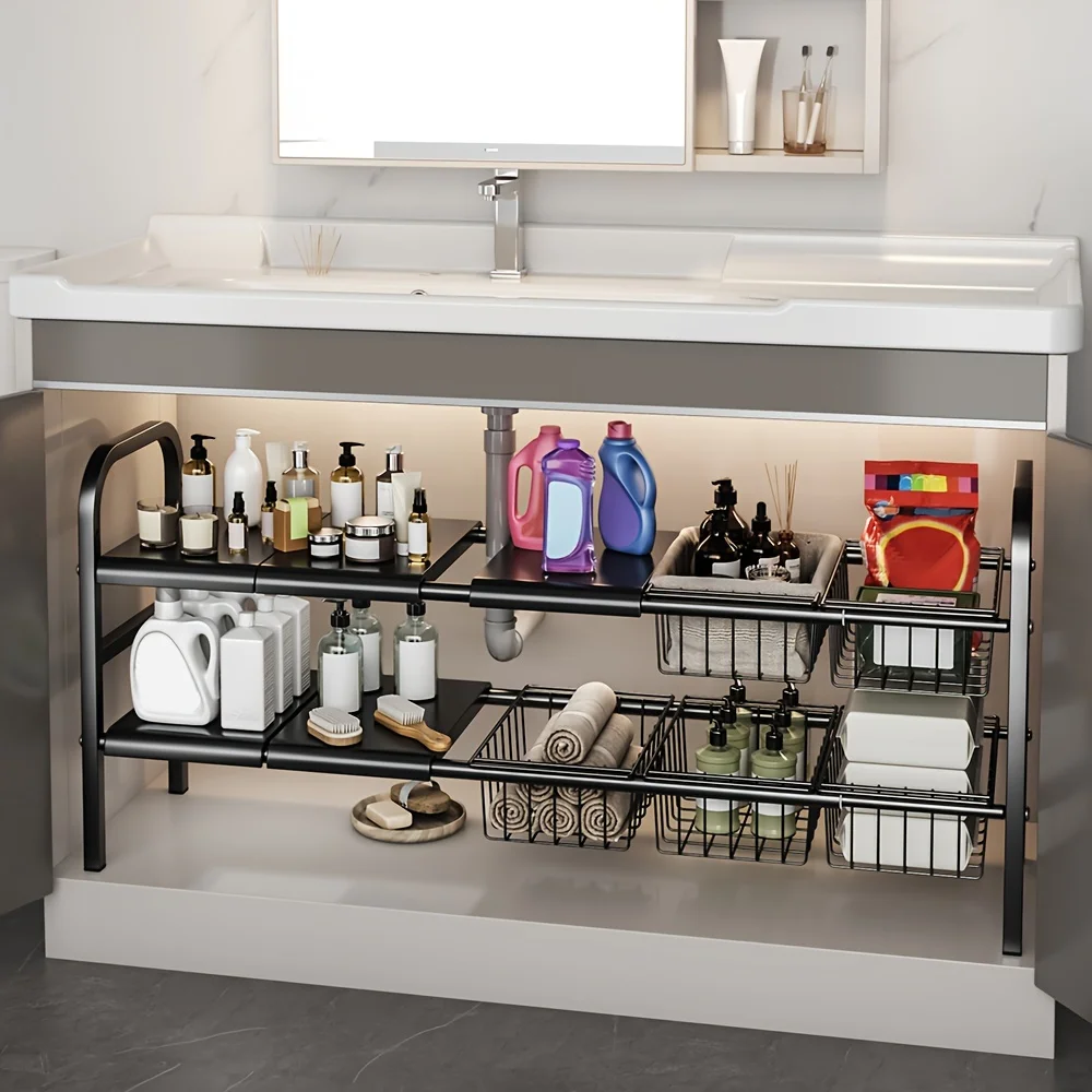 1 Set Multi-Use Kitchen Under Bathroom Sink Organizers - Expandable Cabinet Shelf Organizer Storage Rack 1 Set Multi-Use Kitchen Under Bathroom Sink Organizers - Expandable Cabinet Shelf Organizer Storage Rack