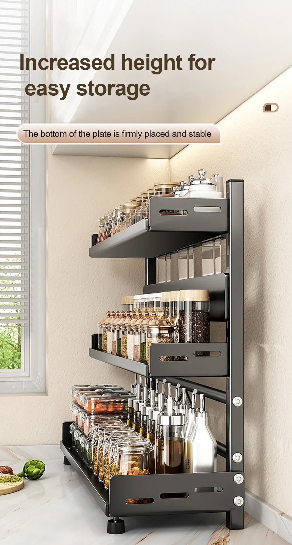 2-3 Tier Height-Adjustable Vertical Spice Rack Rustproof Metal Spice Storage Rack Kitchen Storage Rack And Decorative Piece