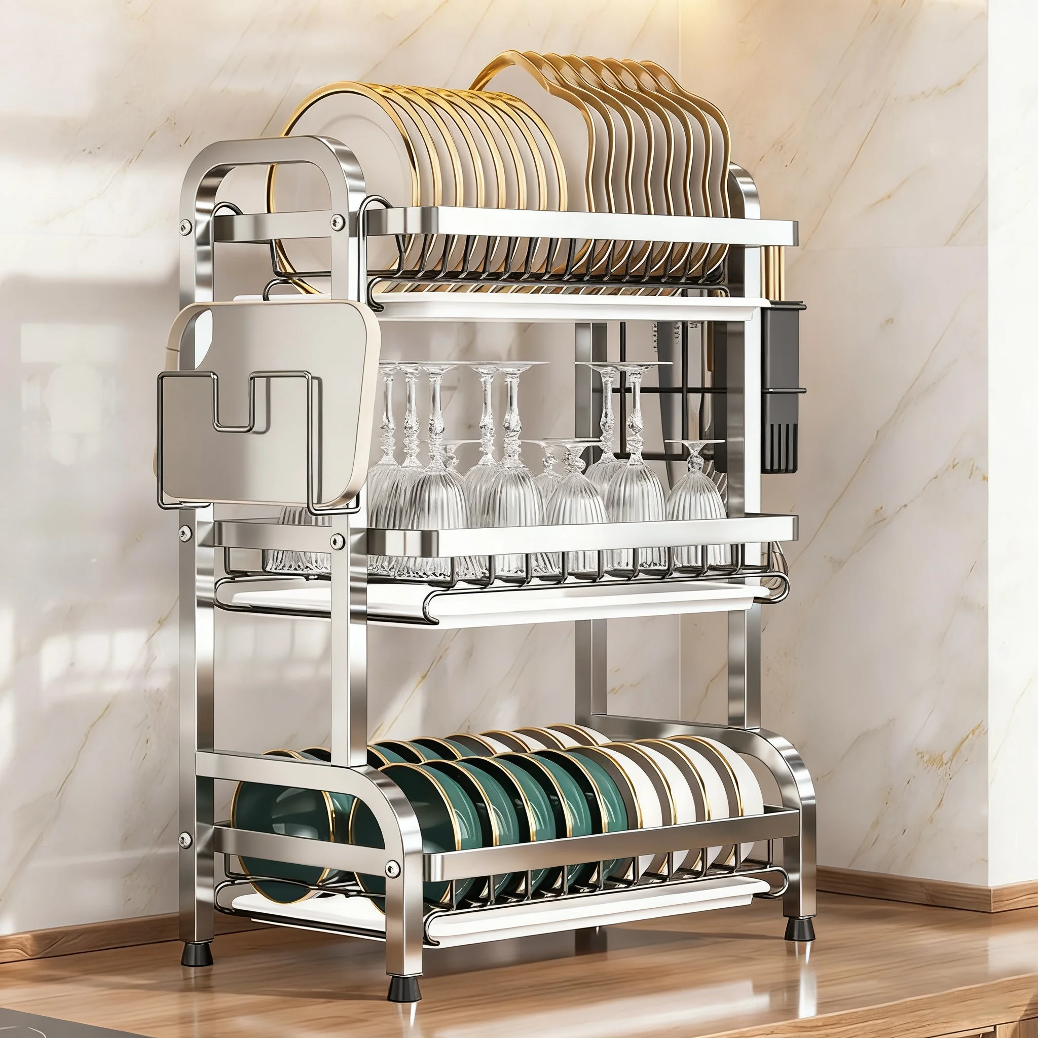 2-3 layer stainless steel kitchen storage rack for dishes and bowls - used for storing cutlery, plates and bowls.