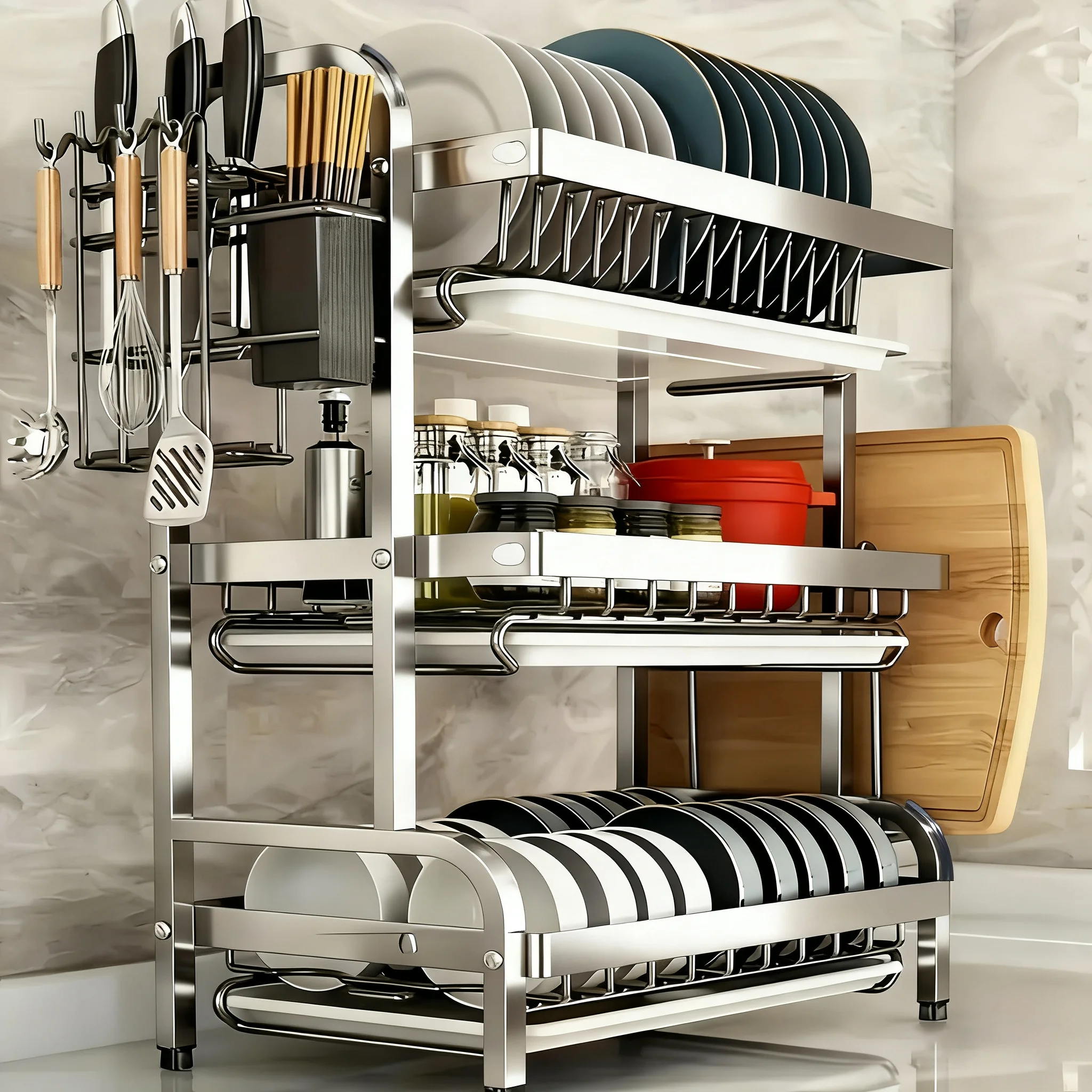 2-3 layer stainless steel kitchen storage rack for dishes and bowls - used for storing cutlery, plates and bowls.