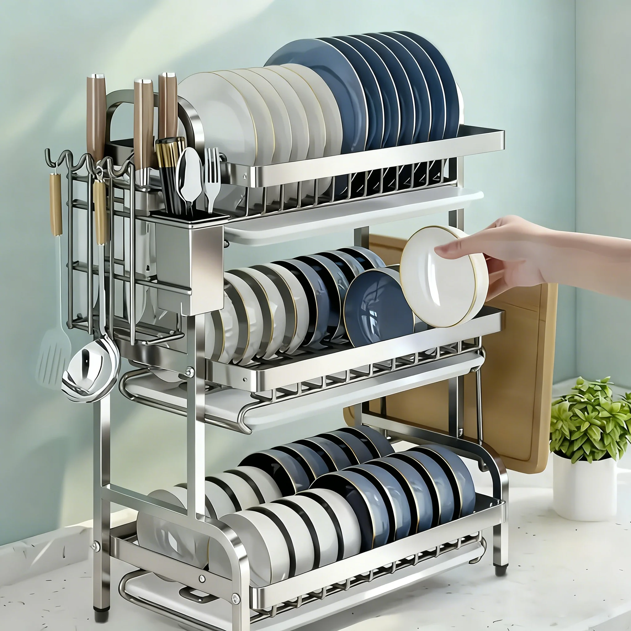 2-3 layer stainless steel kitchen storage rack for dishes and bowls - used for storing cutlery, plates and bowls.