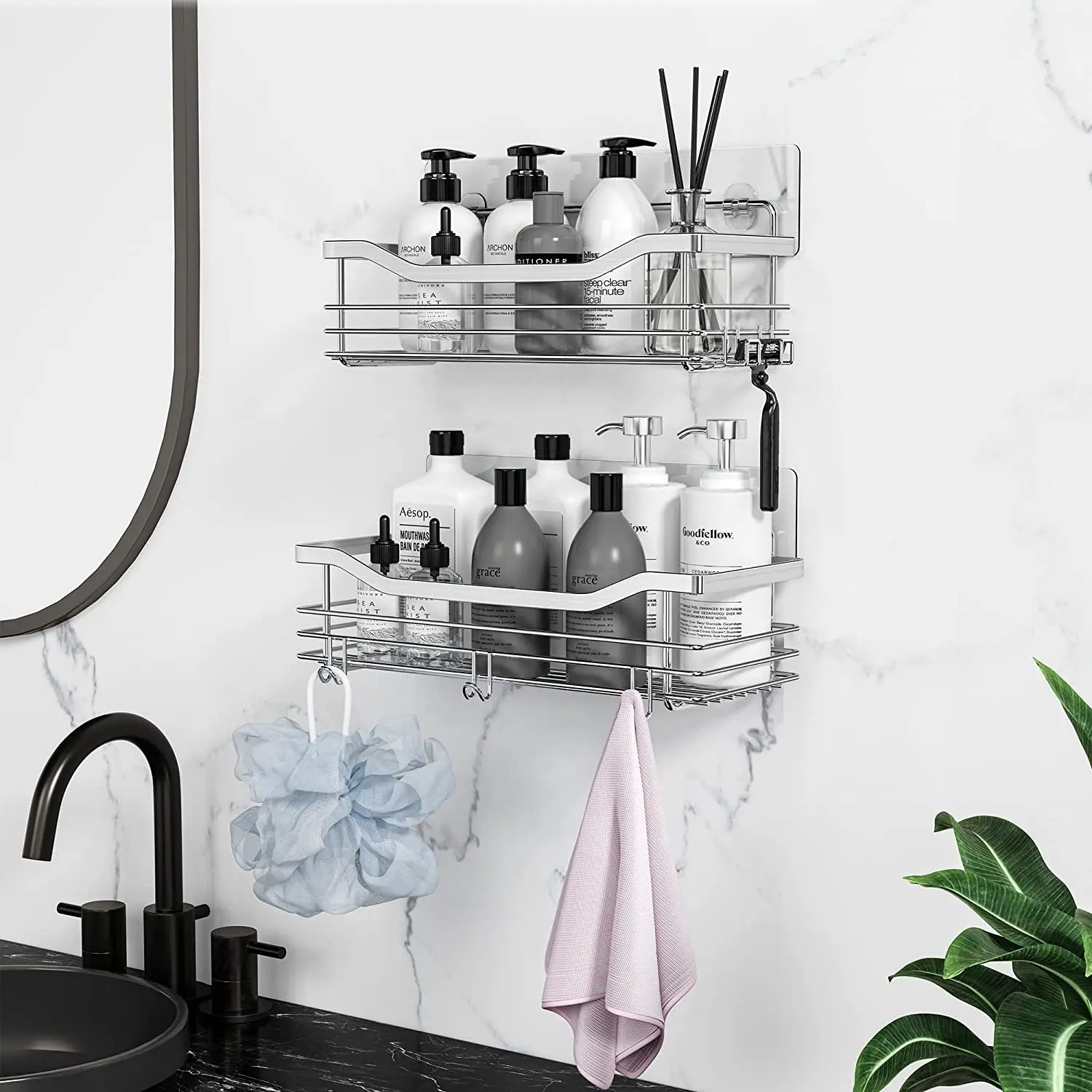 2 Pcs Rustproof Stainless Steel Bathroom Organizer with 5 Hooks,Large Capacity,No Drilling,Suitable for Bathroom Storage 2 Pcs Rustproof Stainless Steel Bathroom Organizer with 5 Hooks,Large Capacity,No Drilling,Suitable for Bathroom Storage