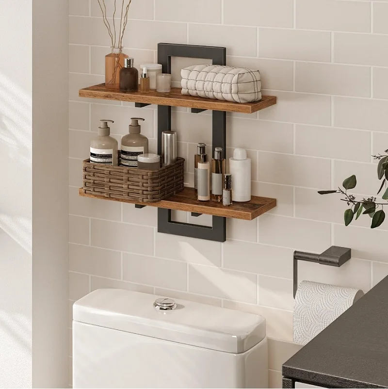 2 Tier Rustic Wood Floating Shelves With Sturdy Metal Frame Wall Shelf Organizer Rack For Living Room Bedroom Kitchen Bathroom