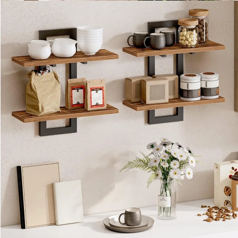 2 Tier Rustic Wood Floating Shelves With Sturdy Metal Frame Wall Shelf Organizer Rack For Living Room Bedroom Kitchen Bathroom