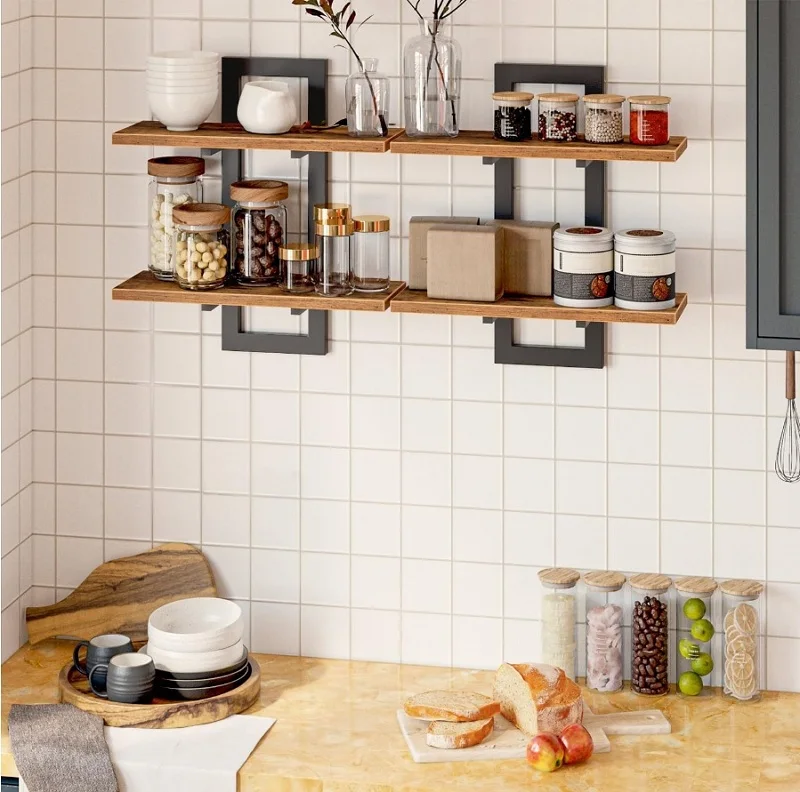 2 Tier Rustic Wood Floating Shelves With Sturdy Metal Frame Wall Shelf Organizer Rack For Living Room Bedroom Kitchen Bathroom