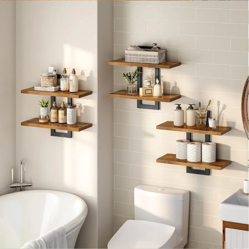 2 Tier Rustic Wood Floating Shelves With Sturdy Metal Frame Wall Shelf Organizer Rack For Living Room Bedroom Kitchen Bathroom