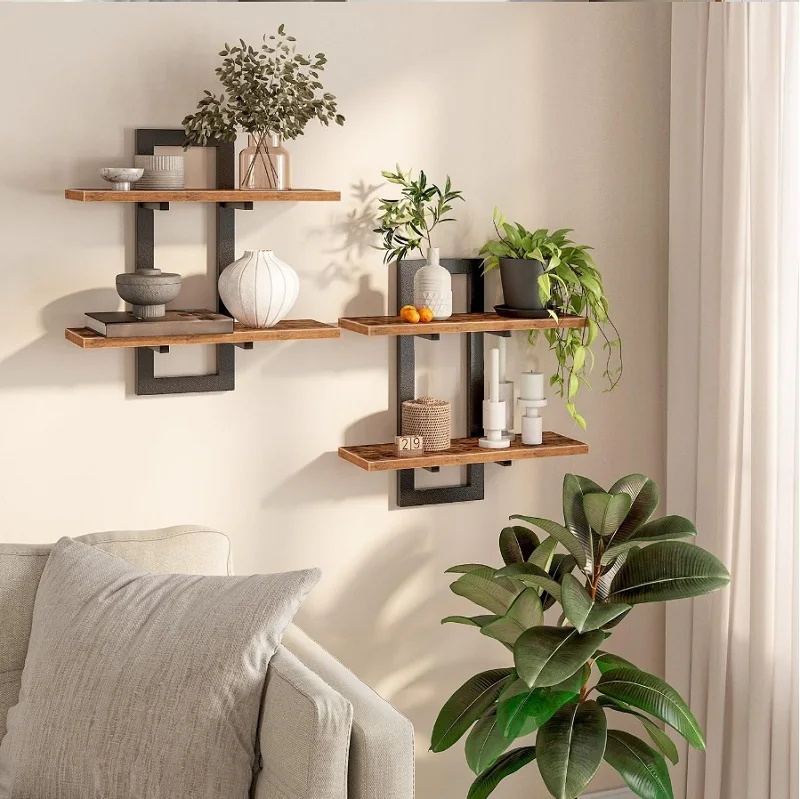 2 Tier Rustic Wood Floating Shelves With Sturdy Metal Frame Wall Shelf Organizer Rack For Living Room Bedroom Kitchen Bathroom